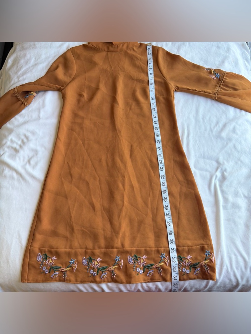 Women's Embroidered Collared Shift Dress - Rust Color - Picture 9 of 10